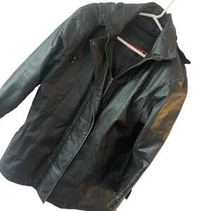 Phase 2 Leather Parka Jacket Black L Hooded Vintage Style Coat